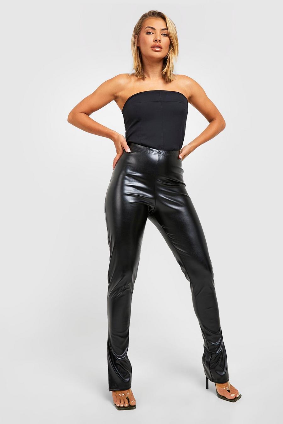Black Split Hem High Waisted Leather Look Leggings image number 1