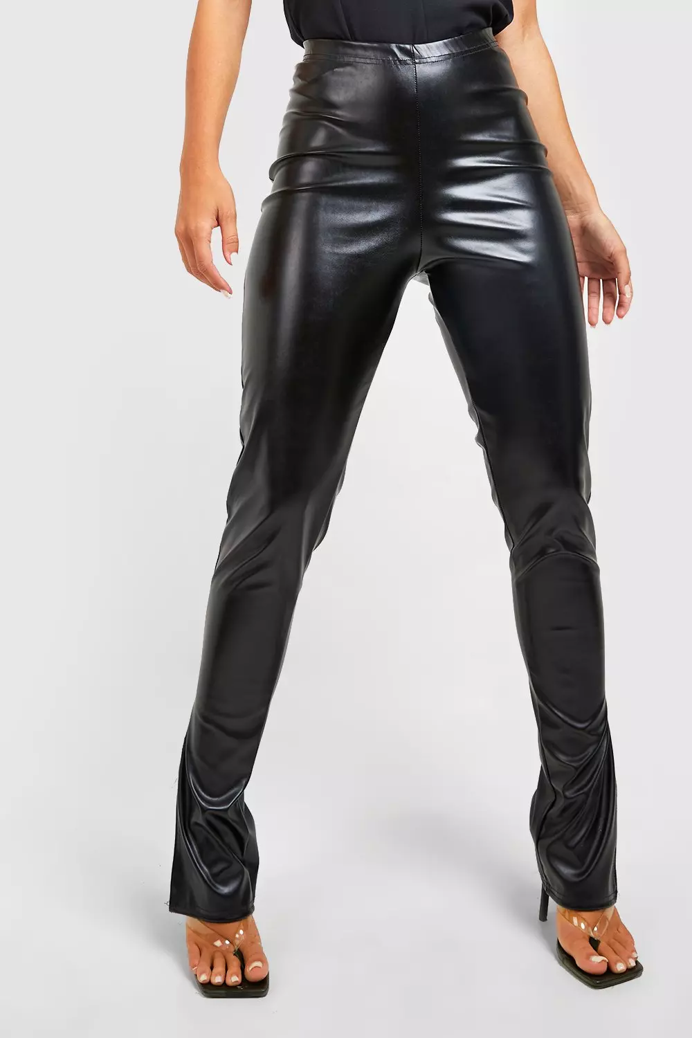 HMGYH satina high waisted leggings for women Split Hem PU Leather Skinny  Pants (Color : Black, Size : S)