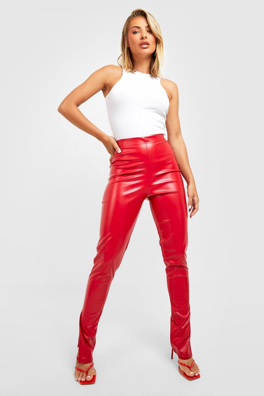 Red Split Hem High Waisted Leather Look Leggings image number 1