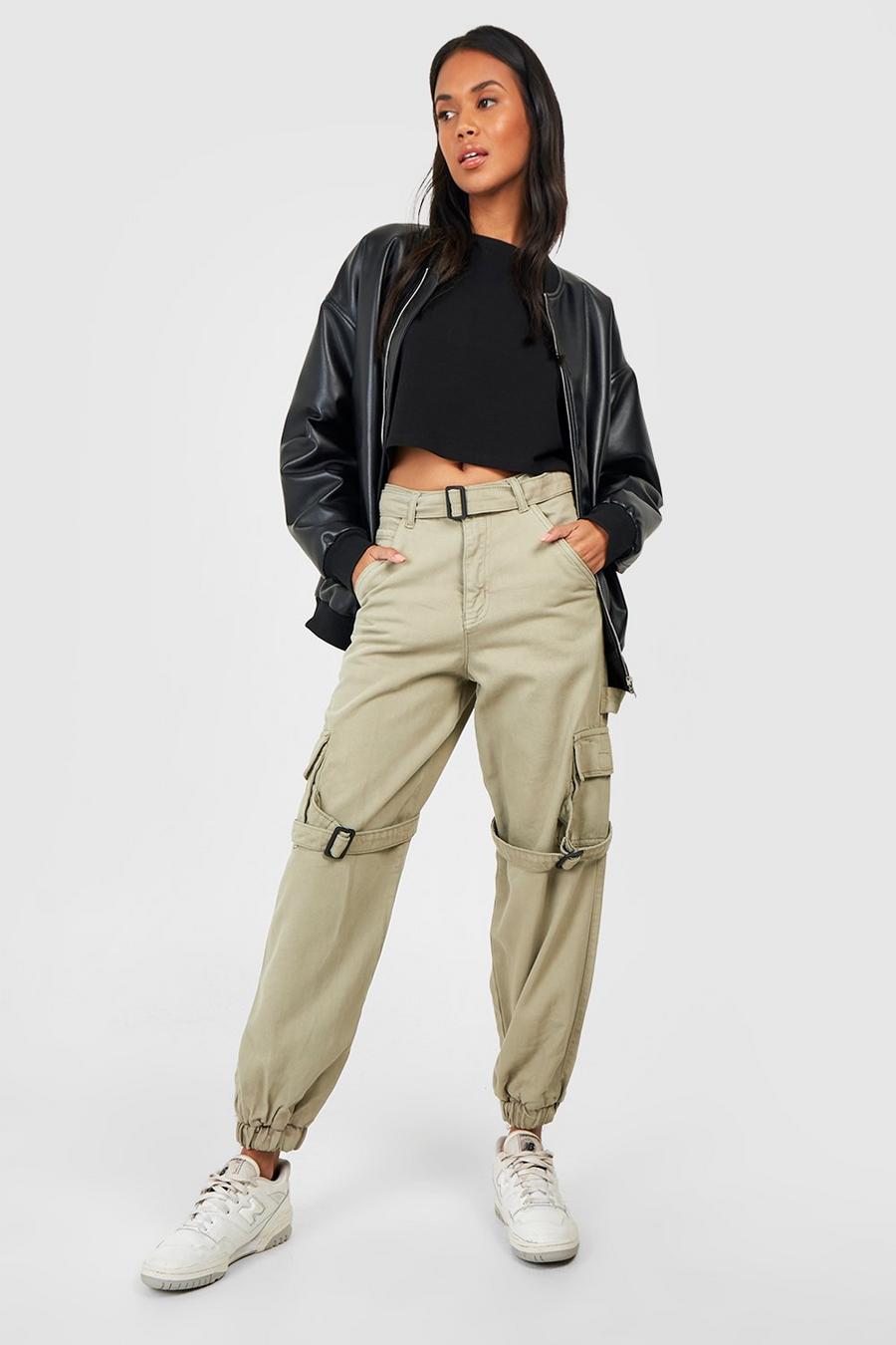 Washed khaki מכנסי ריצה קרגו מבד ג'ינס עם אבזם וחגורה image number 1