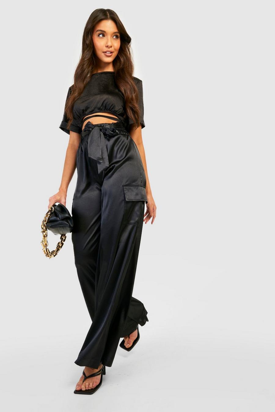 Black Satin Luxe Wide Leg Cargo Trouser image number 1