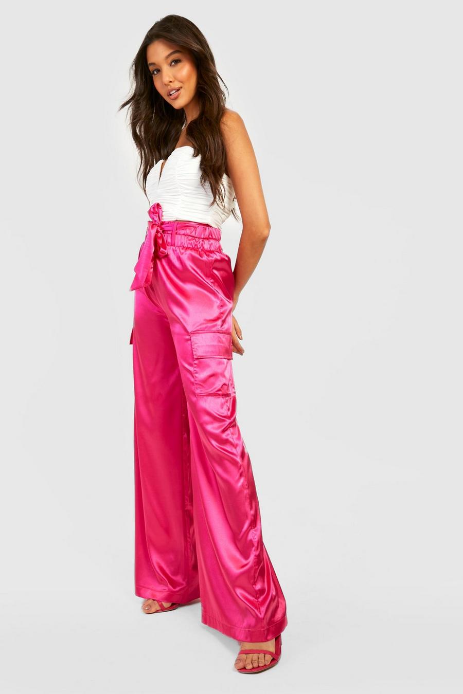 Pink Satin Luxe Wide Leg Cargo Trouser image number 1