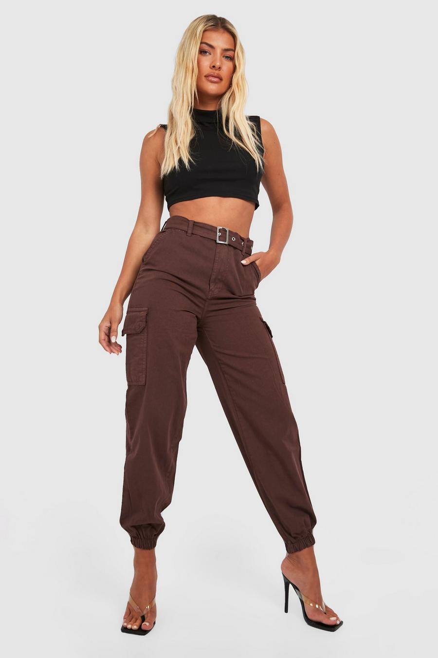 Brown marron Eyelet Belted Cargo Cuffed Jogger