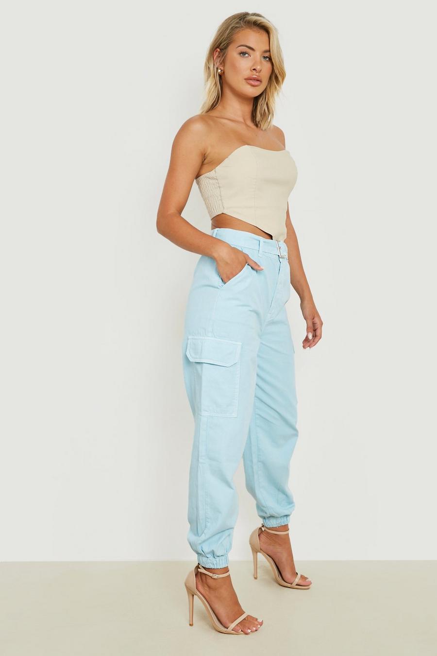 Blue Eyelet Belted Cargo Cuffed Track Pants image number 1