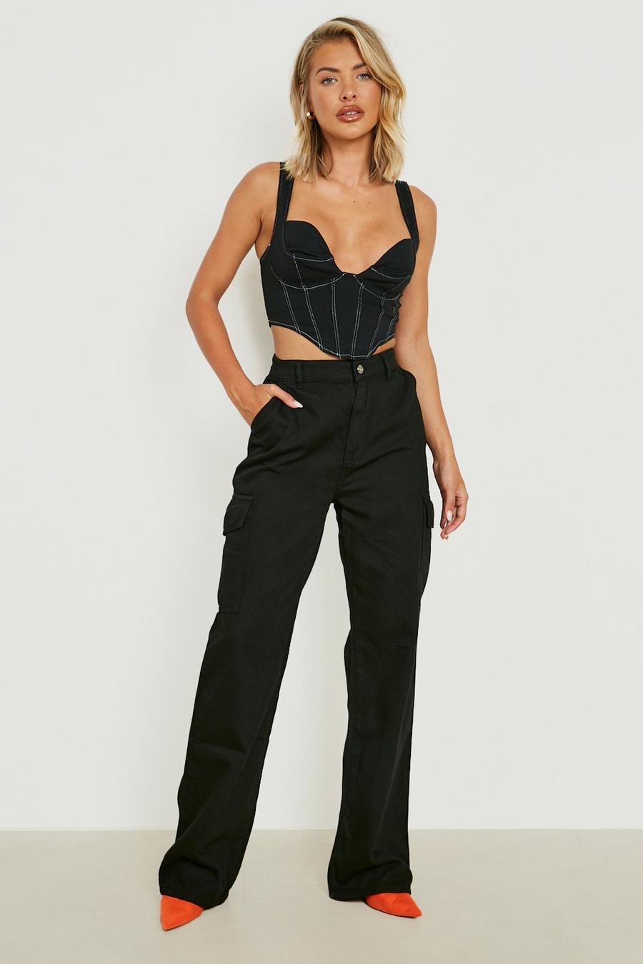 Black Wide Leg Relaxed Cargo Pants image number 1