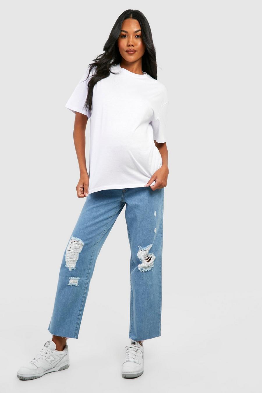 כחול בהיר blue ג'ינס עד מעל הקרסול עם קרעים, להיריון