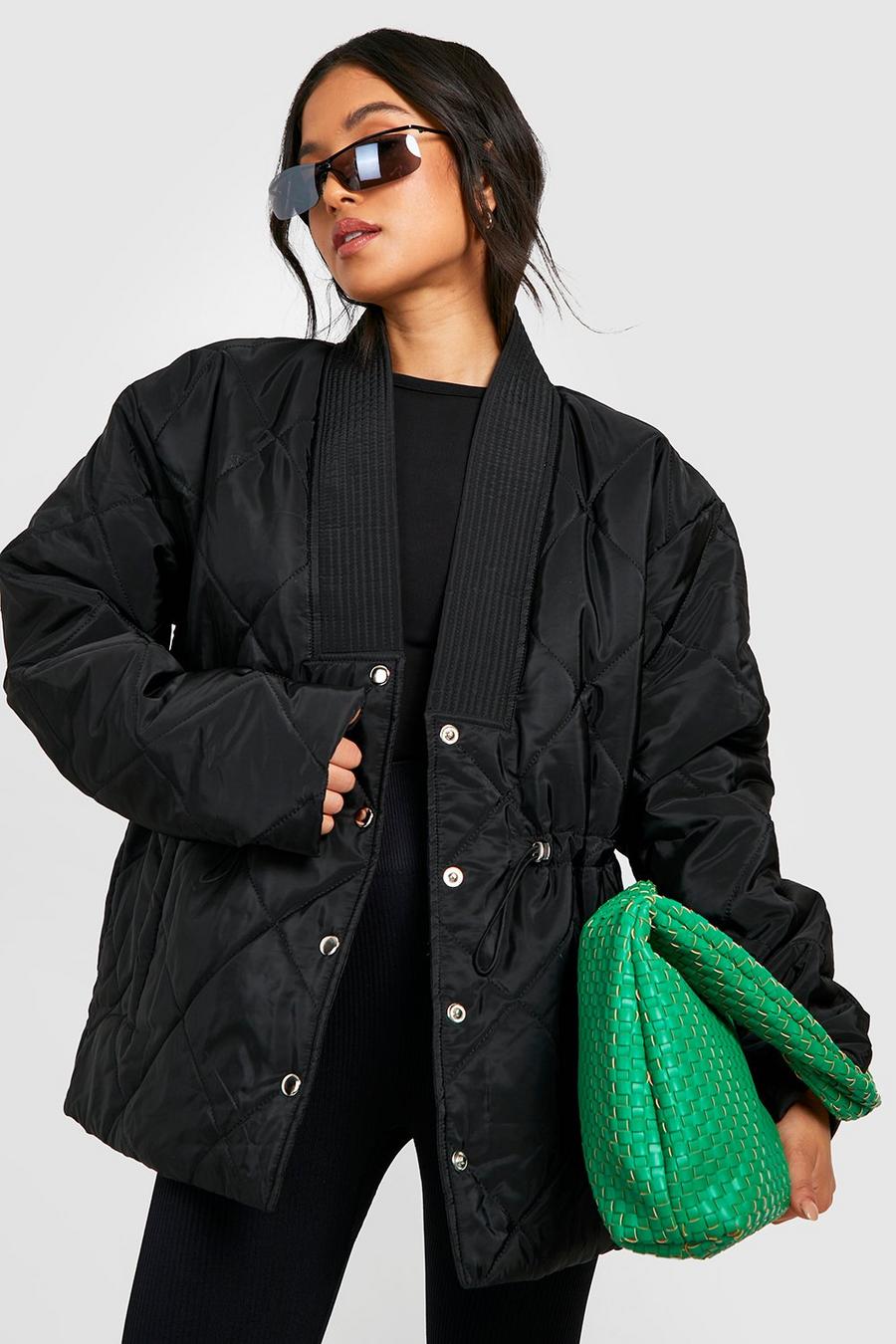 Black Petite Cinched Waist Detail Puffer Jacket