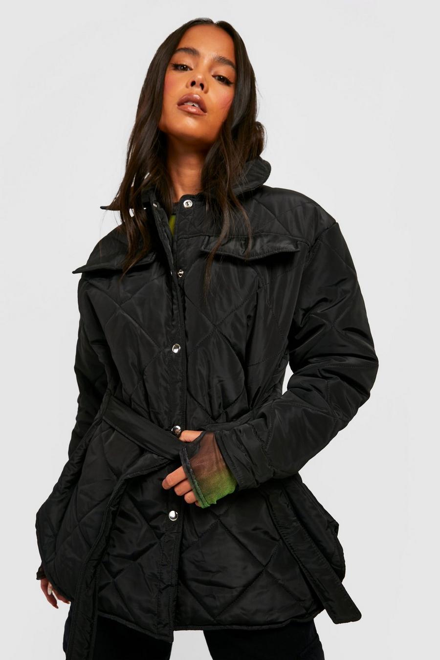 Camisa chaqueta Petite acolchada con costuras de rombos, Black image number 1