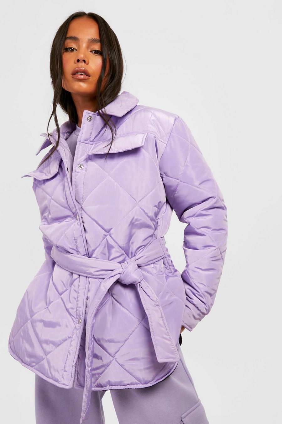 Lilac Petite Diamond Quilted Belted Shacket image number 1