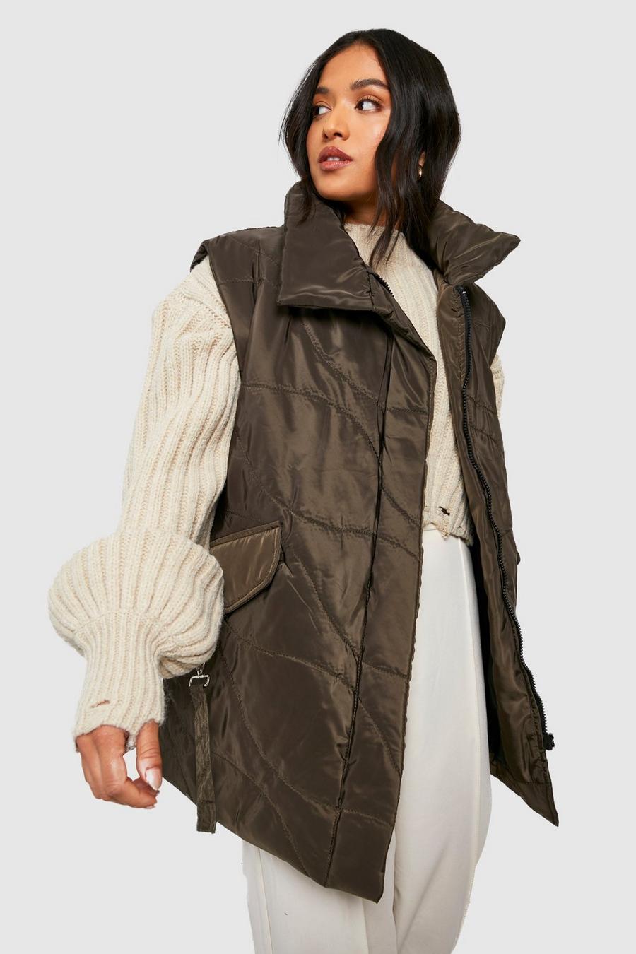 Khaki Petite Wave Quilted Funnel Neck Utility Gilet image number 1