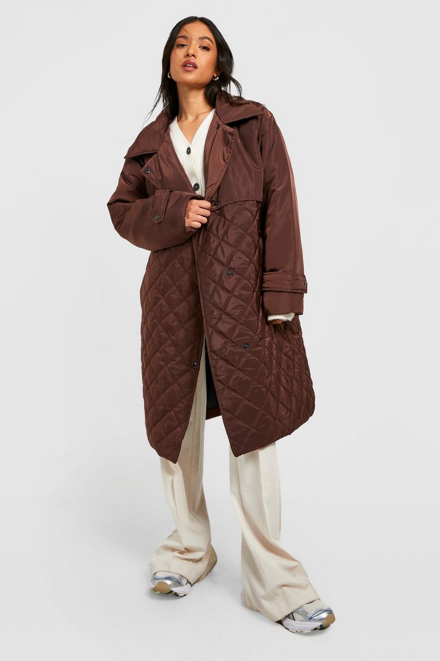 Chocolate Petite Oversized Quilted Double Layer Trench Coat image number 1