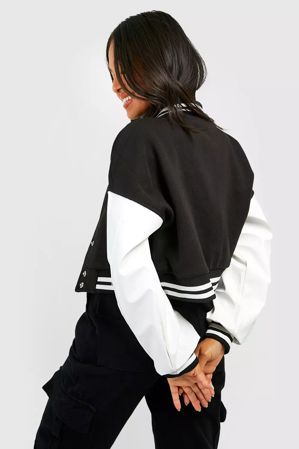 Petite Contrast Sleeve Badge Varsity Bomber