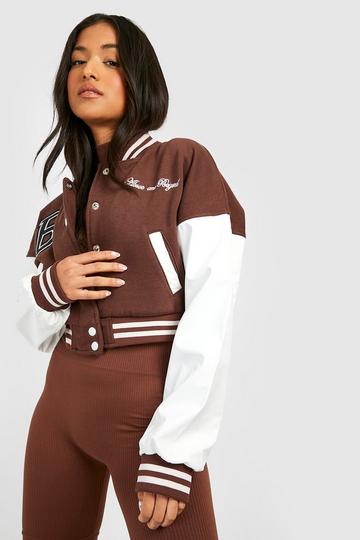 Petite Contrast Sleeve Badge Varsity Bomber chocolate