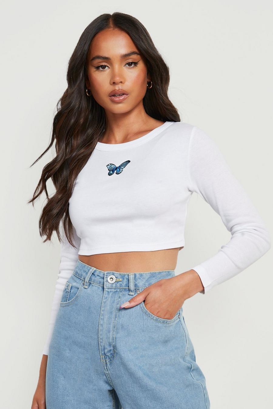 White Petite Butterfly Rib Long Sleeve Crop Top image number 1