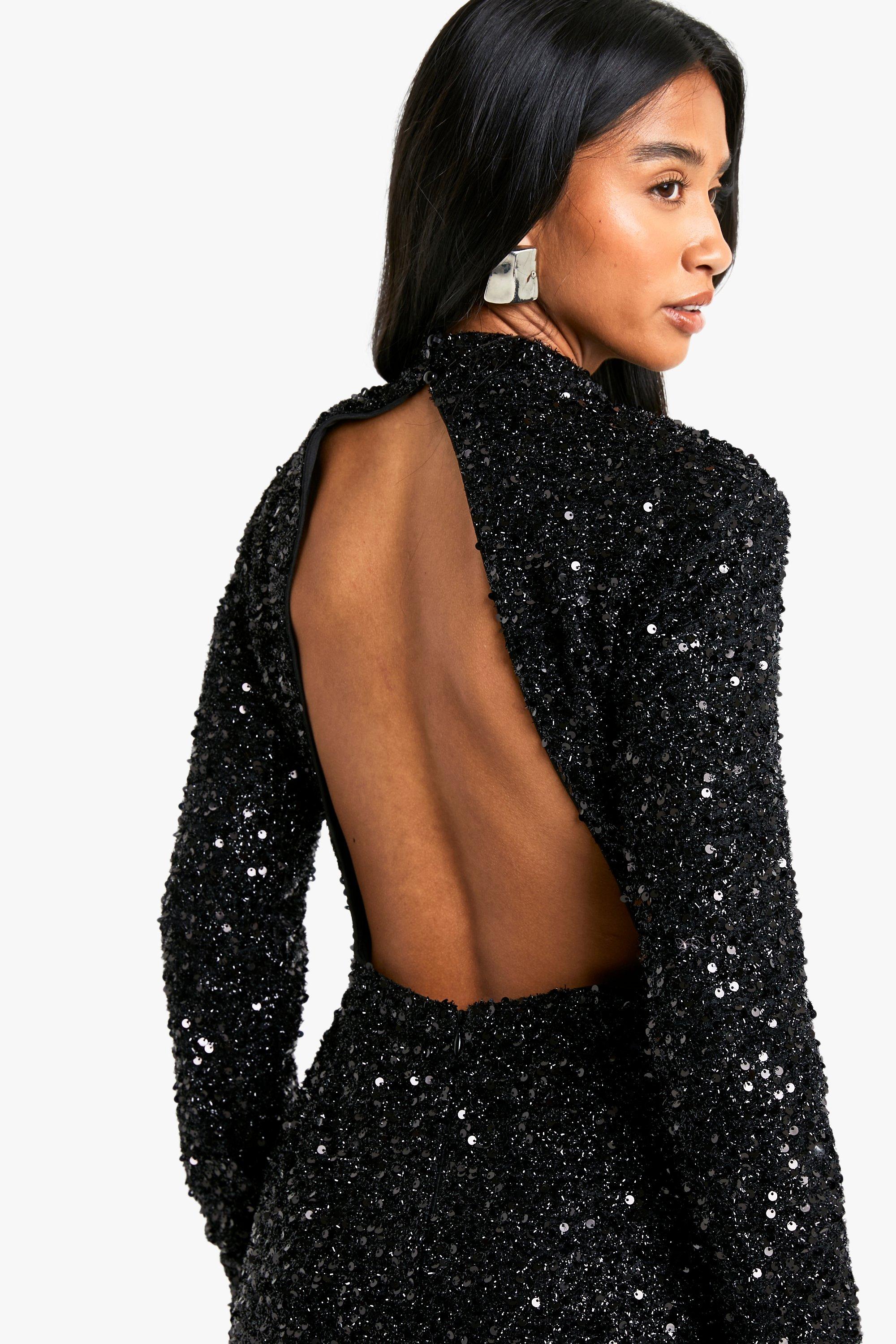 Petite Sequin Shoulder Pad Backless Midi Dress boohoo UK