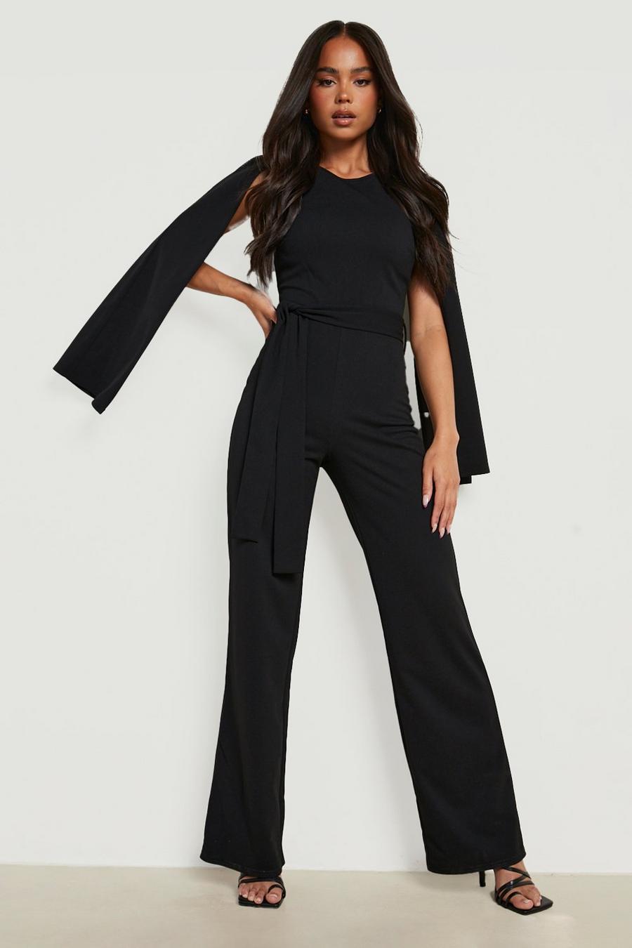 Black Petite Belted Cape Sleeve Jumpsuit