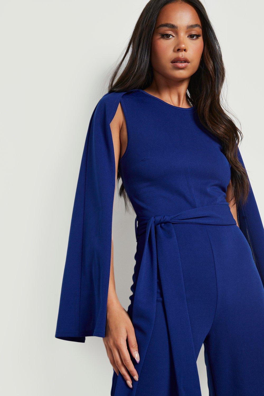 Women's Petite Cape Sleeve Belted Tailored Jumpsuit