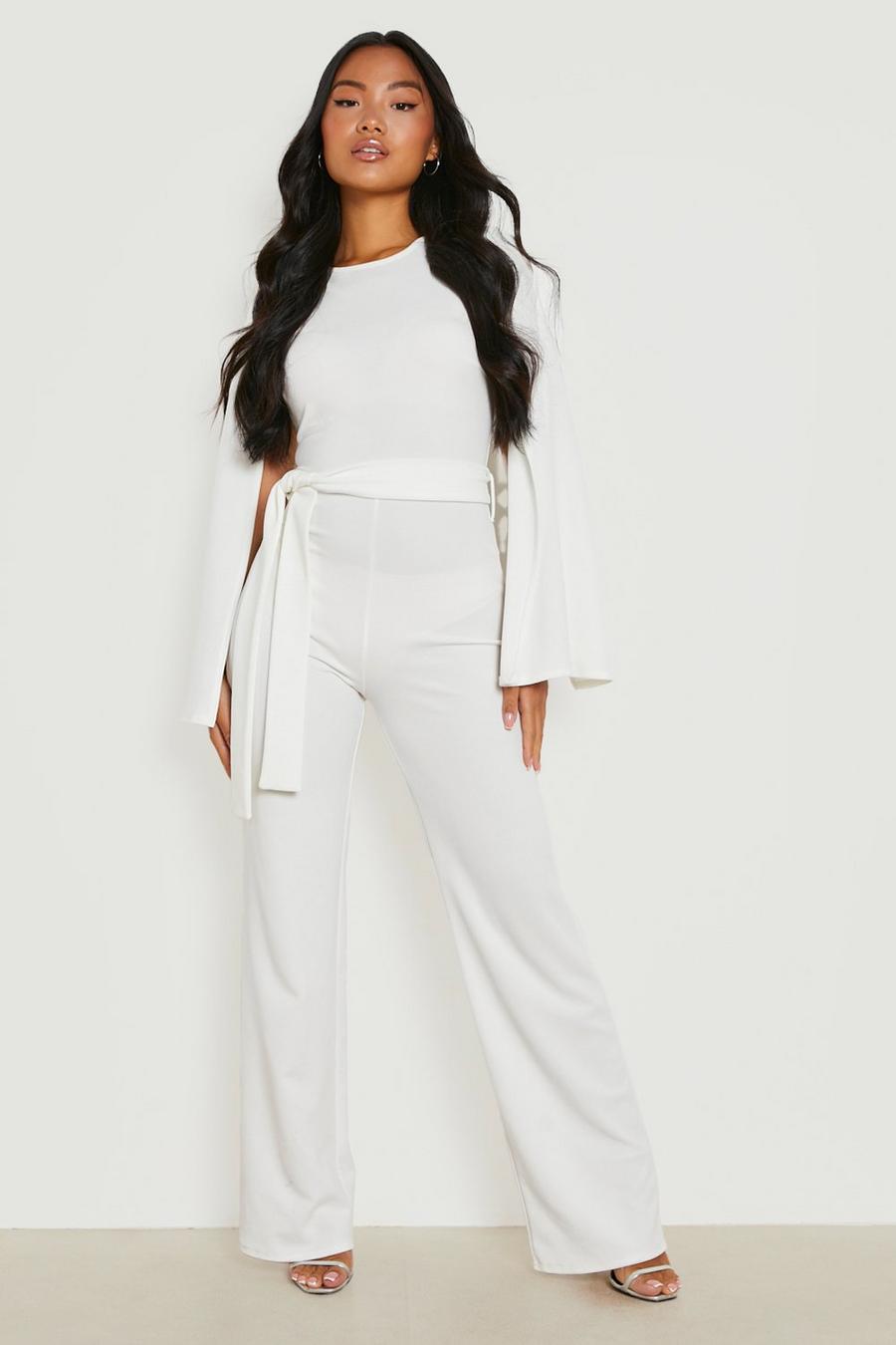 White Petite Belted Cape Sleeve Jumpsuit