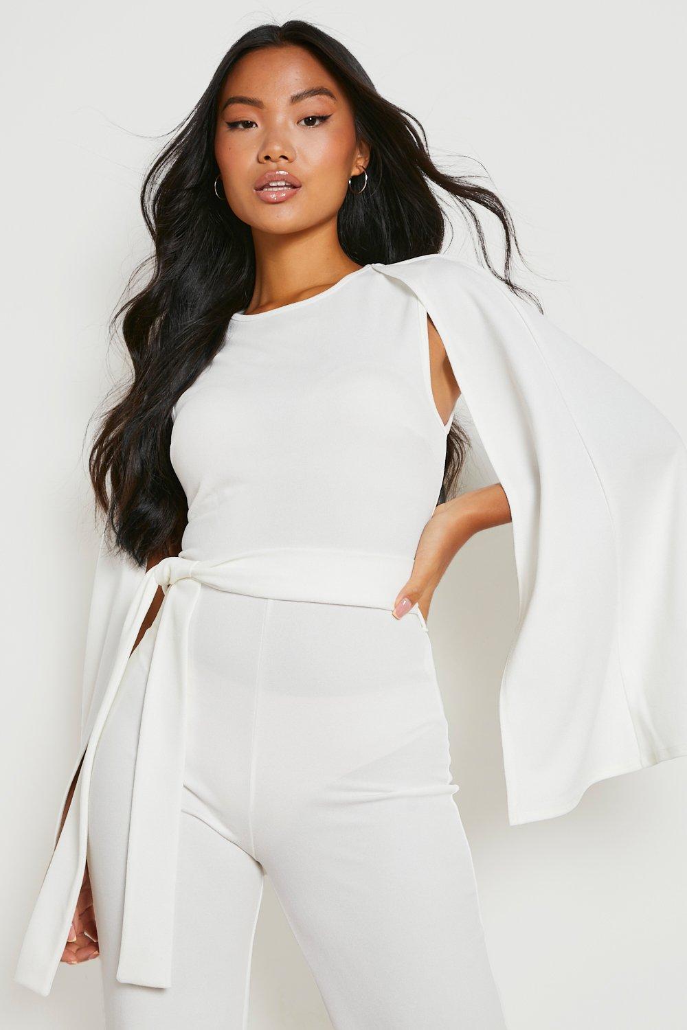 Petite Cape Sleeve Belted Tailored Jumpsuit