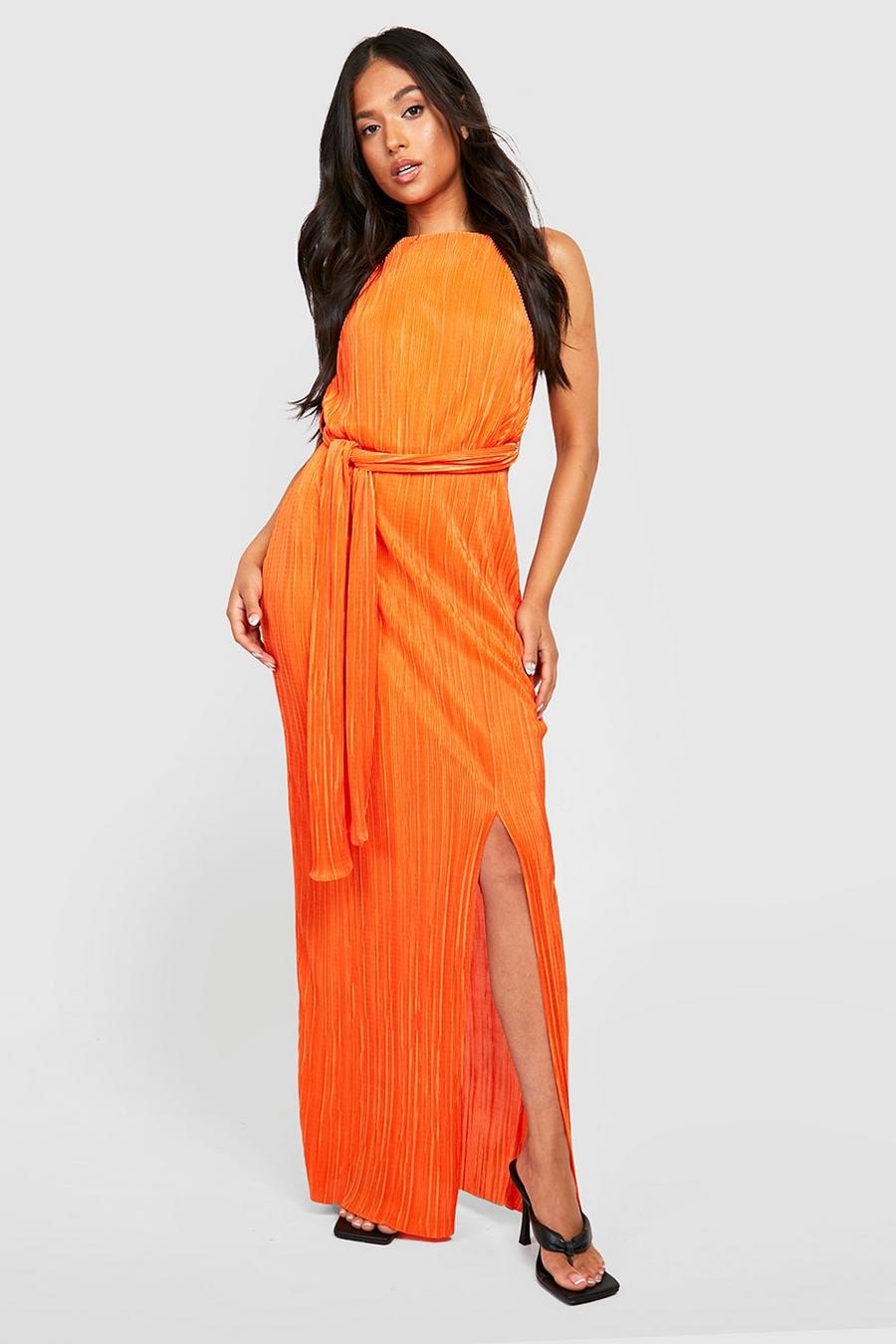 Orange Petite Plisse Belted Thigh Split Maxi Dress image number 1