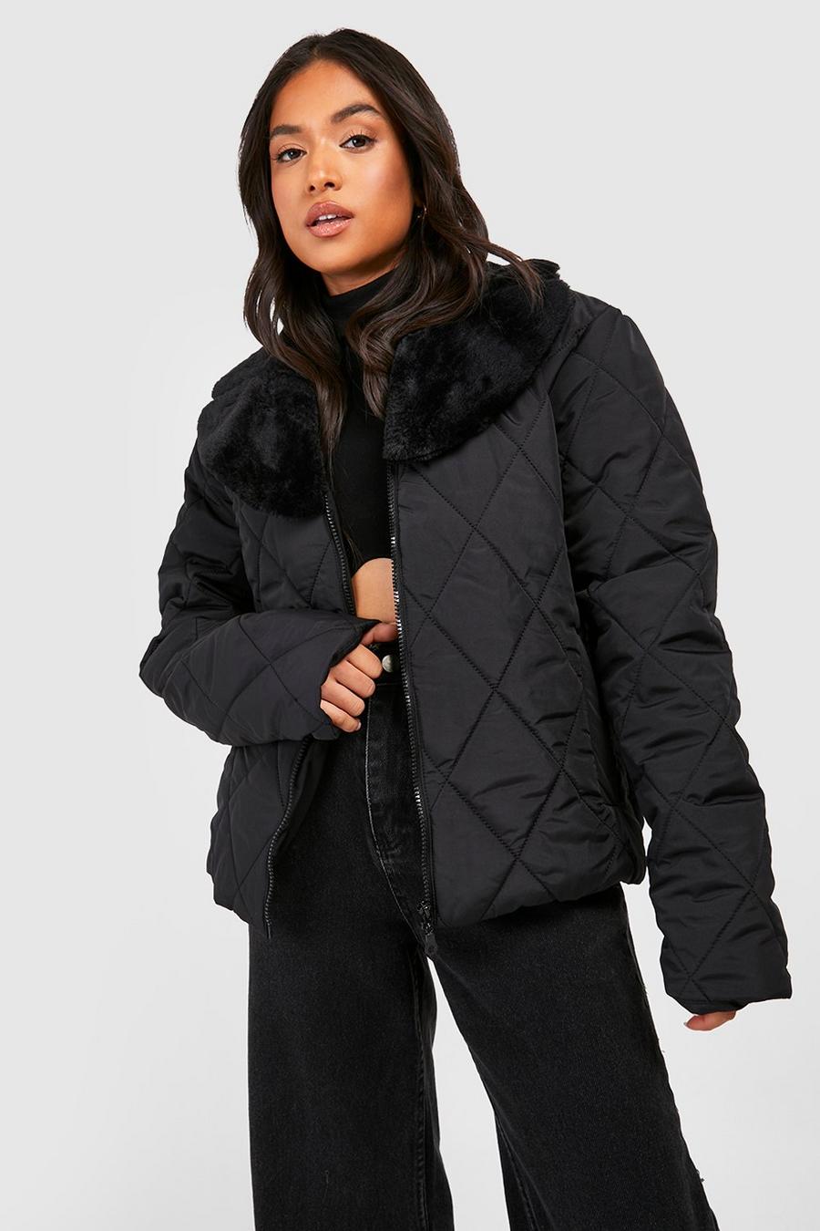 Black Petite Faux Fur Collar Quilted Moto Jacket image number 1