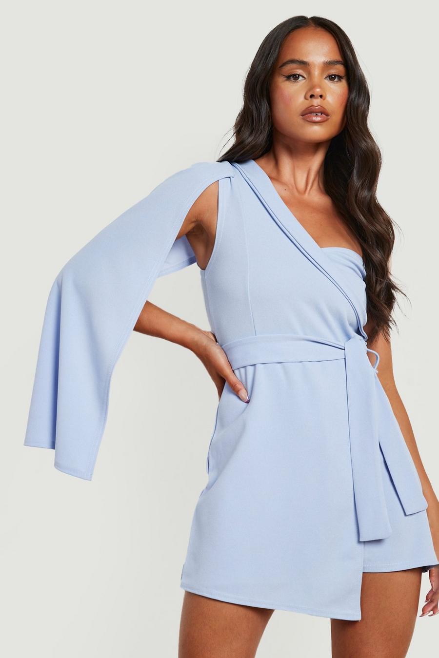 Sky blue Petite Cape Sleeve Tailored Belted Romper image number 1