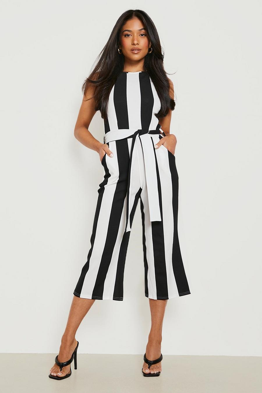Black Petite Monochrome Belted Striped Jumpsuit image number 1