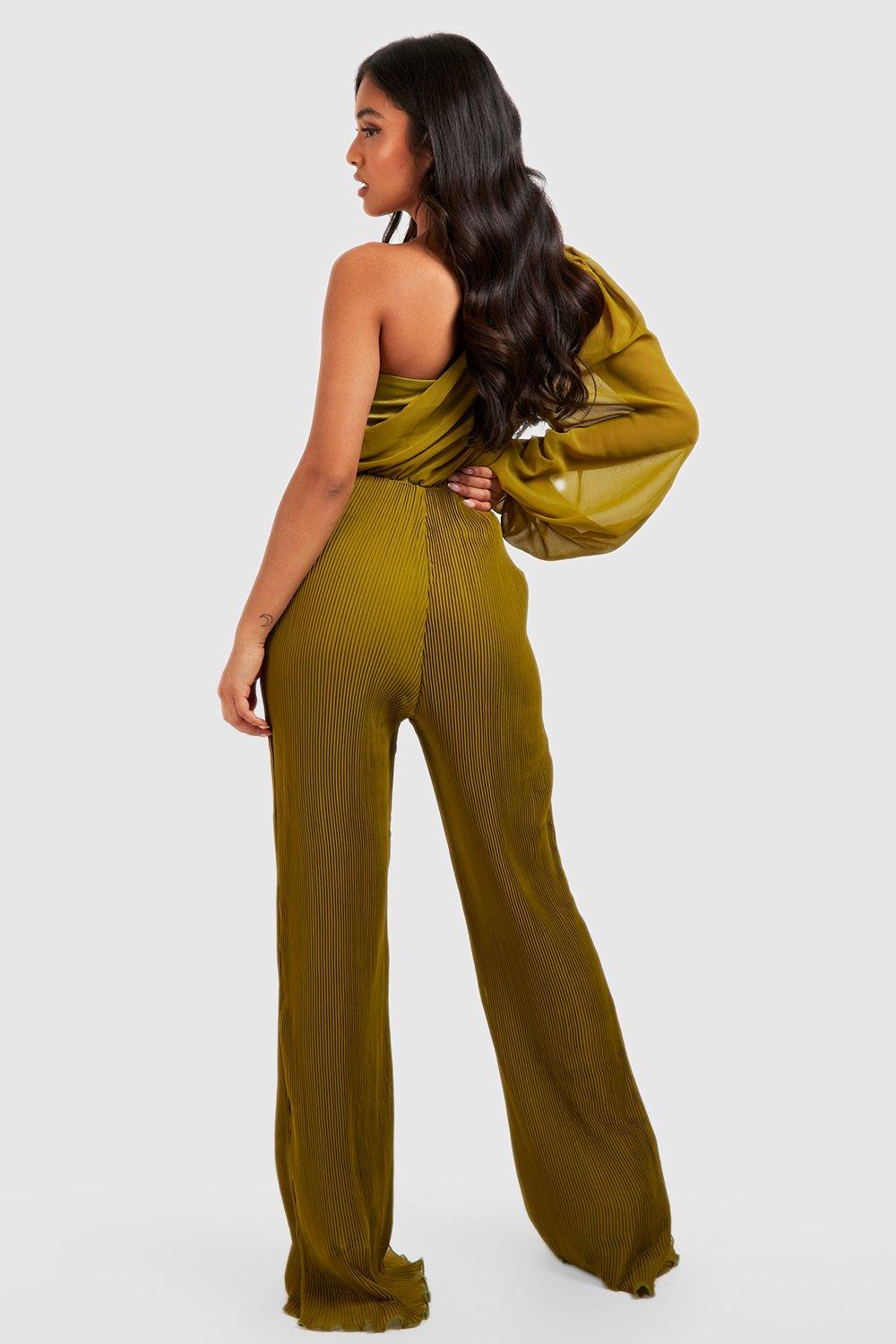 Green plisse plunge strappy hot sale jumpsuit