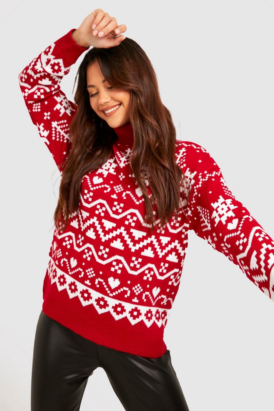 boohoo Petite Fairisle Turtleneck Christmas Sweater - Red - Size M