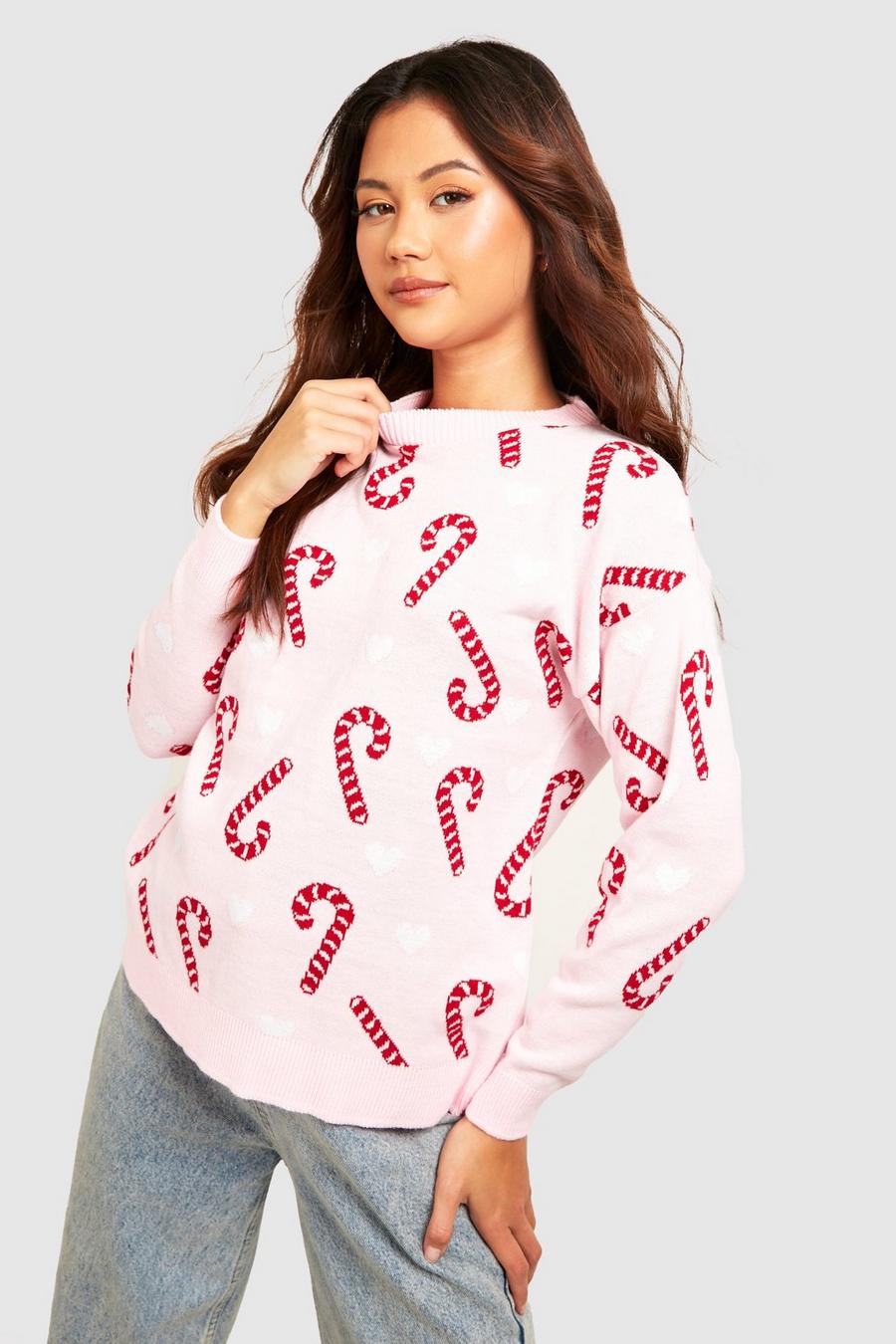 Pink Petite Candy Cane Christmas Jumper  image number 1