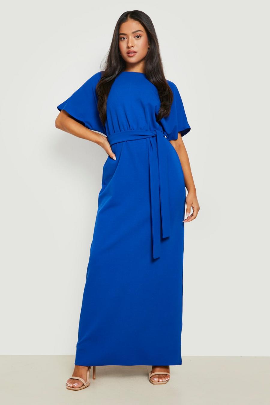 Cobalt blue Petite Slash Tie Waist Cape Sleeve Maxi Dress