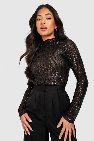 Petite Sequin High Neck Long Sleeved Top black