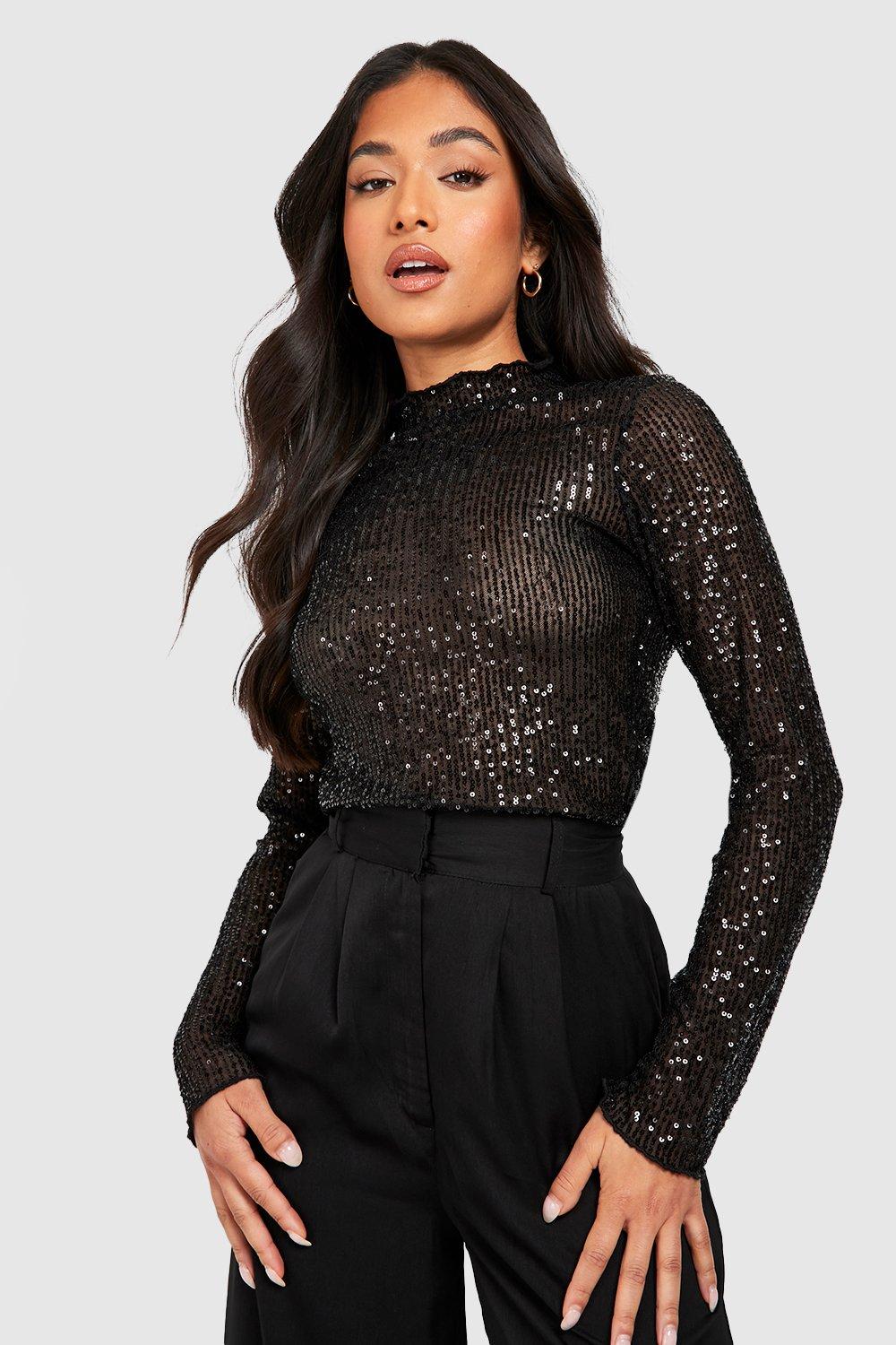 Petite Sequin High Neck Long Sleeved Top | boohoo USA