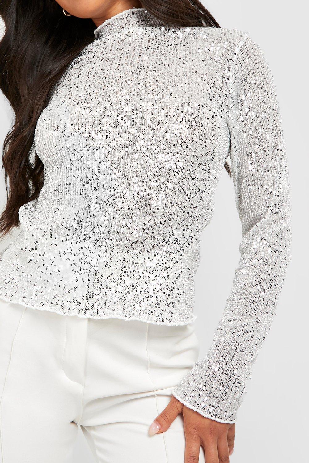 White Long Sleeve Silver Sequin Modal high quality Top Size 3X