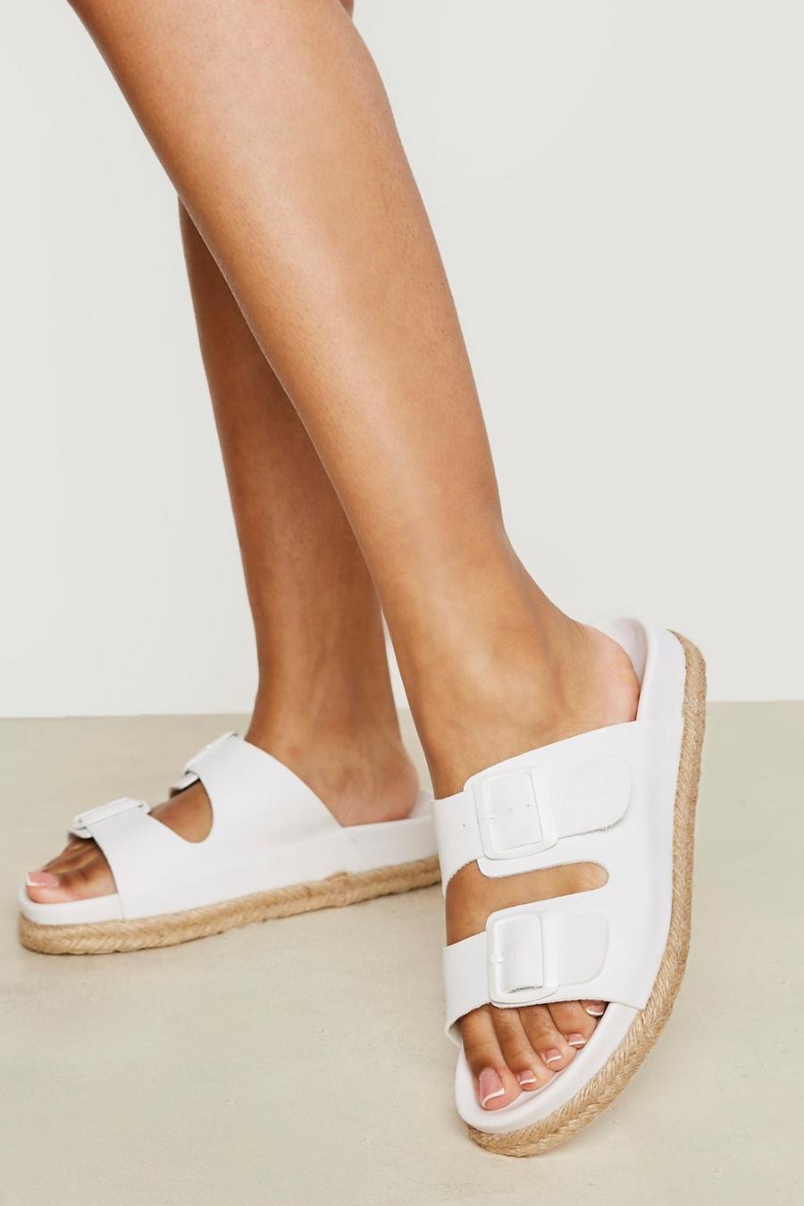 White Chunky Buckle Espadrille Detail Slides image number 1