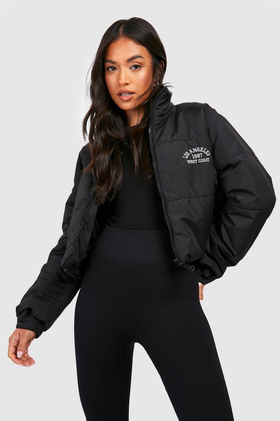 Black Petite Sporty Embroidered Puffer Coat image number 1