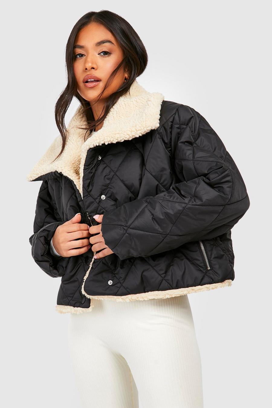 Black Petite Teddy Trim Quilted Puffer Jacket image number 1