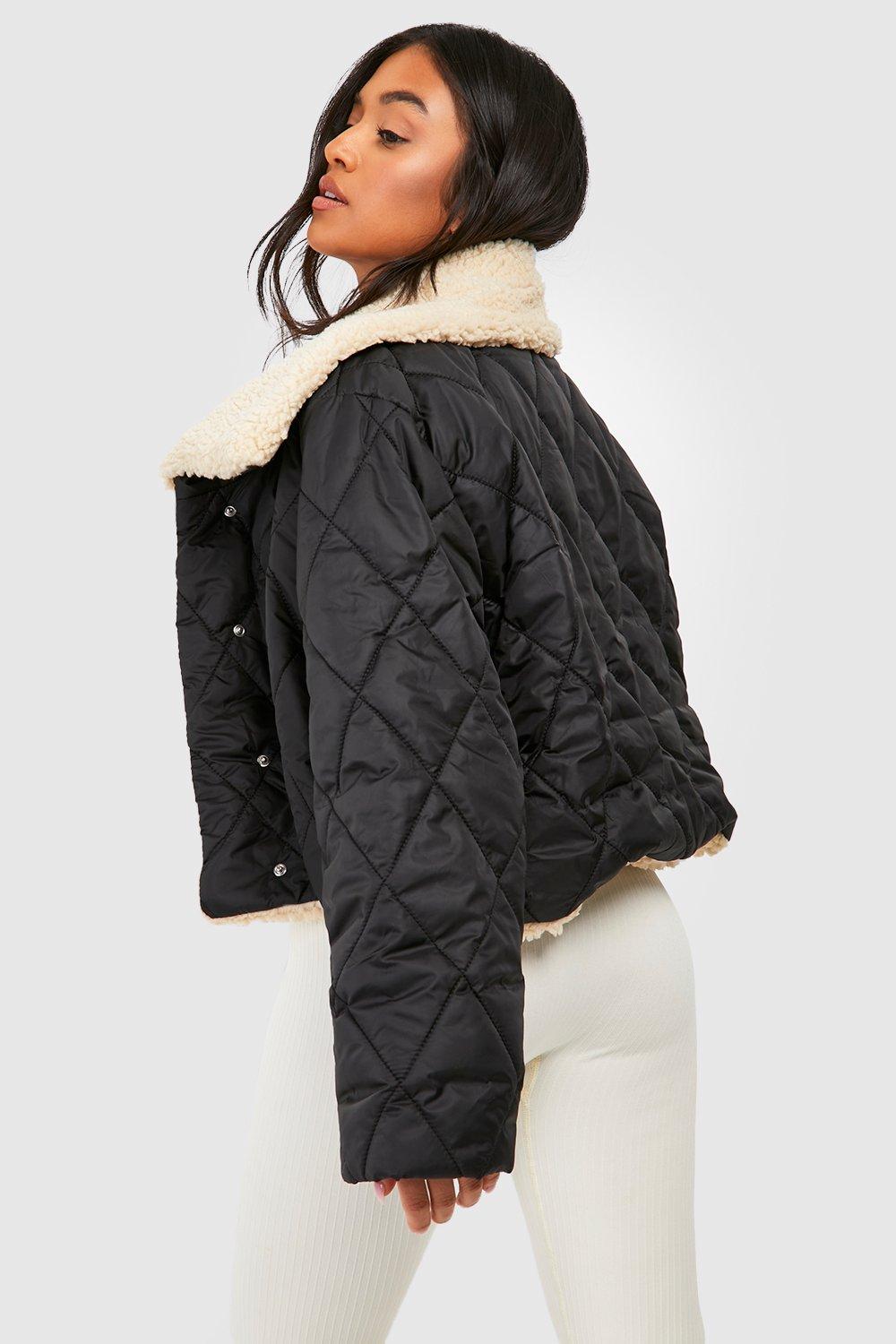 Topshop Petite funnel neck puffer coat in black