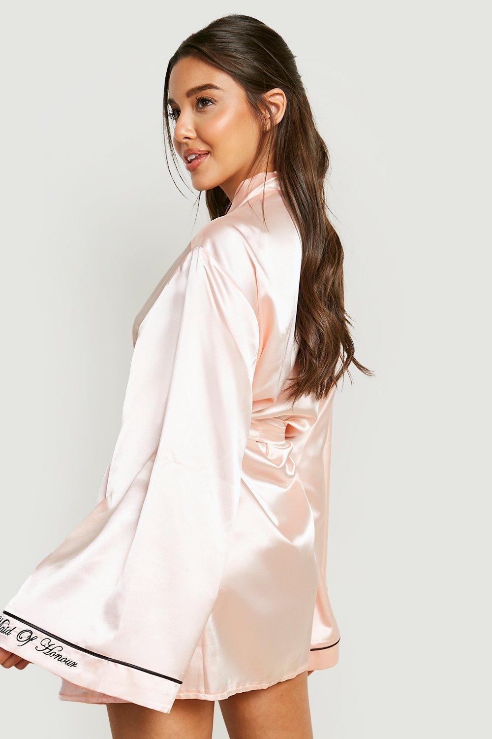 Boohoo Synthetic Maid Of Honour Embroidered Kimono Robe in Rose Gold Womens Clothing Nightwear and sleepwear Robes Natural robe dresses and bathrobes 