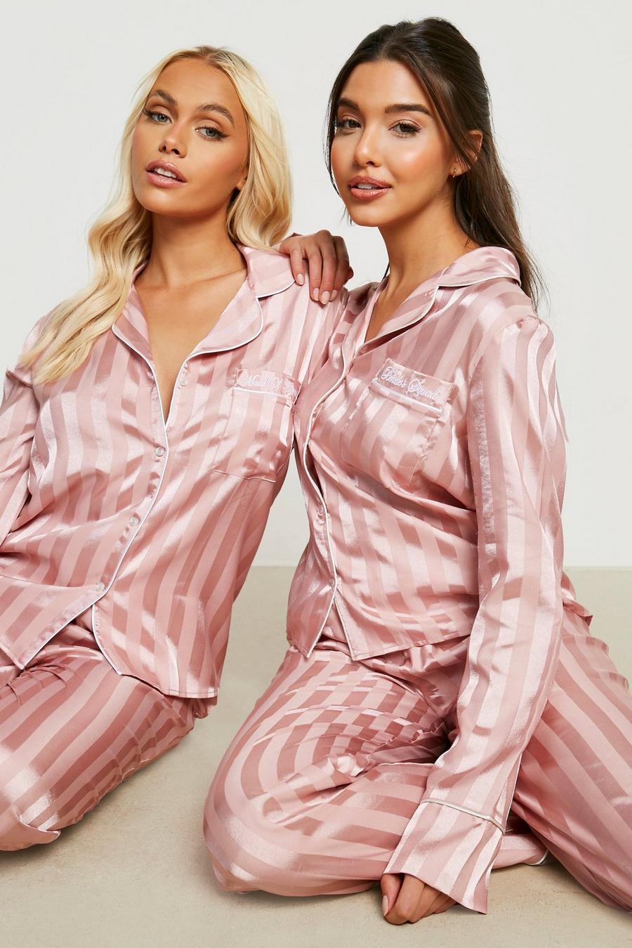Gestreiftes Bride Squad Jacquard Satin Pyjama-Set, Blush pink