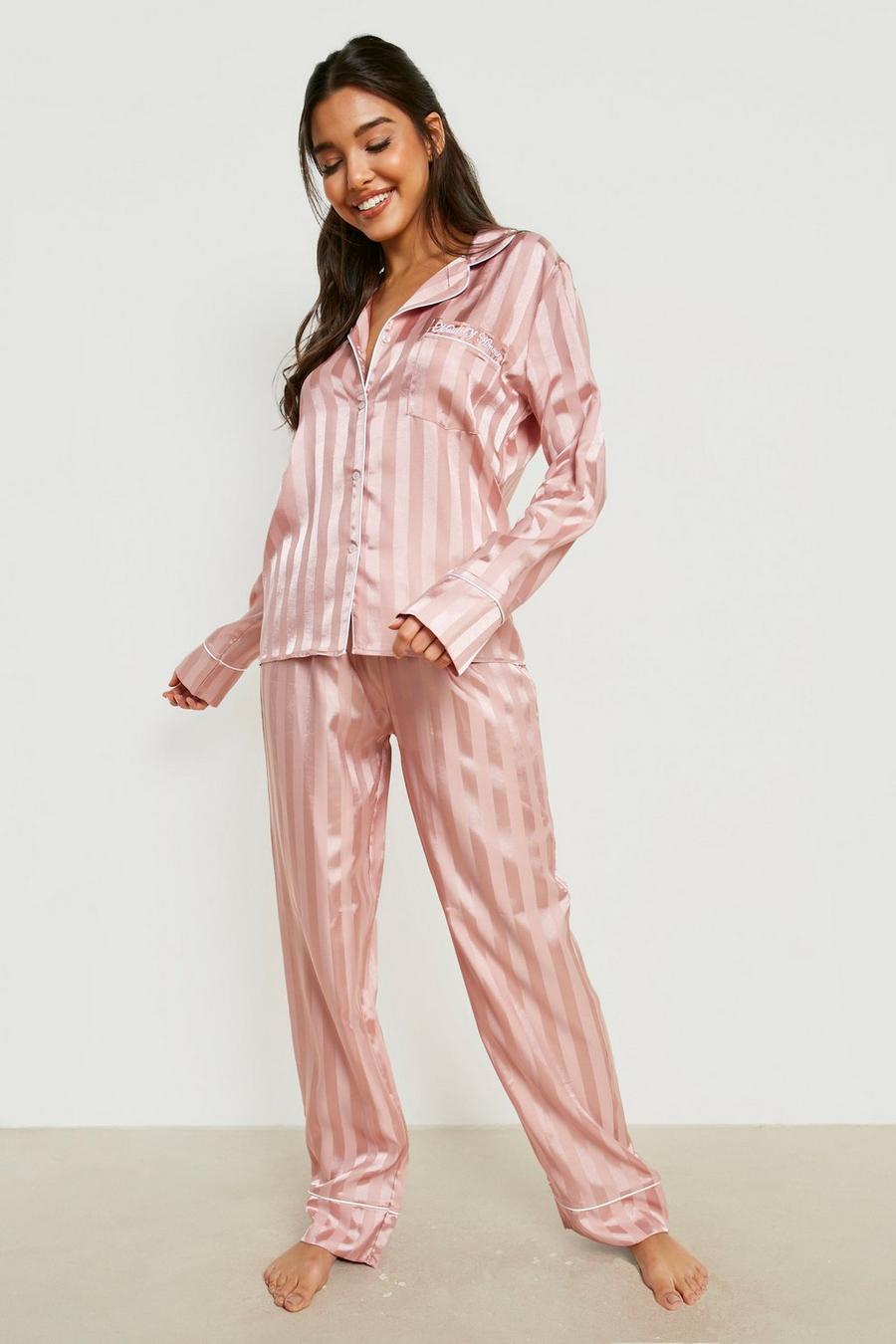 Pyjama satiné à rayures avec chemise et pantalon, Blush image number 1