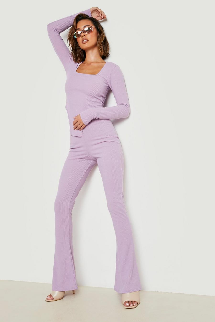 Lilac purple Ribbed Square Neck Top & Skinny Flare