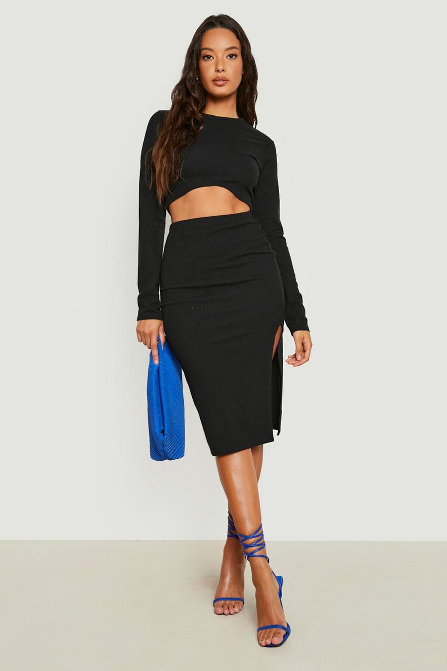 Black Ribbed Under Bust Detail Crop & Midi Skirt image number 1