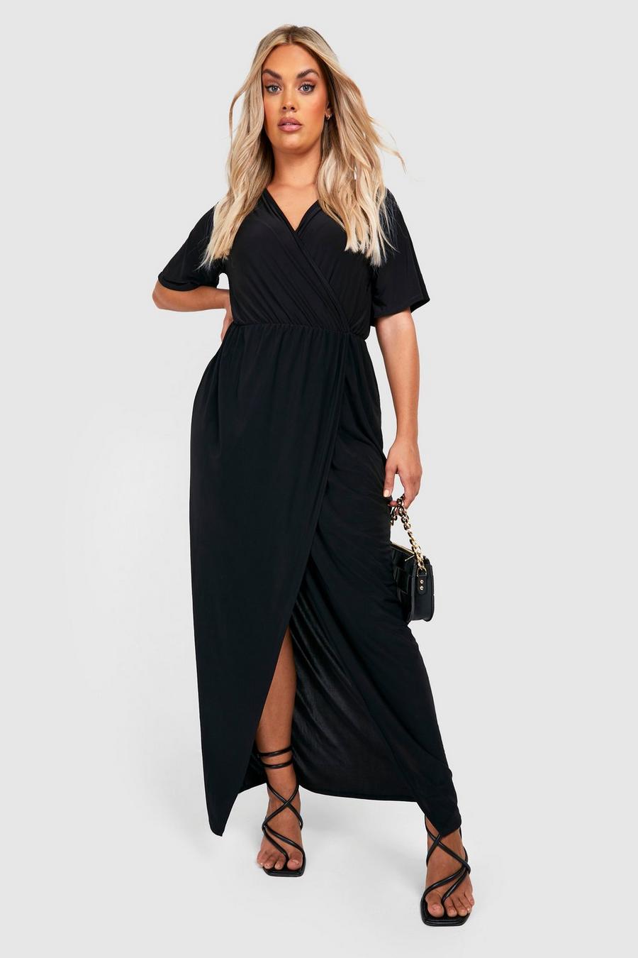 Black Plus Slinky Angel Sleeve Wrap Maxi Dress image number 1