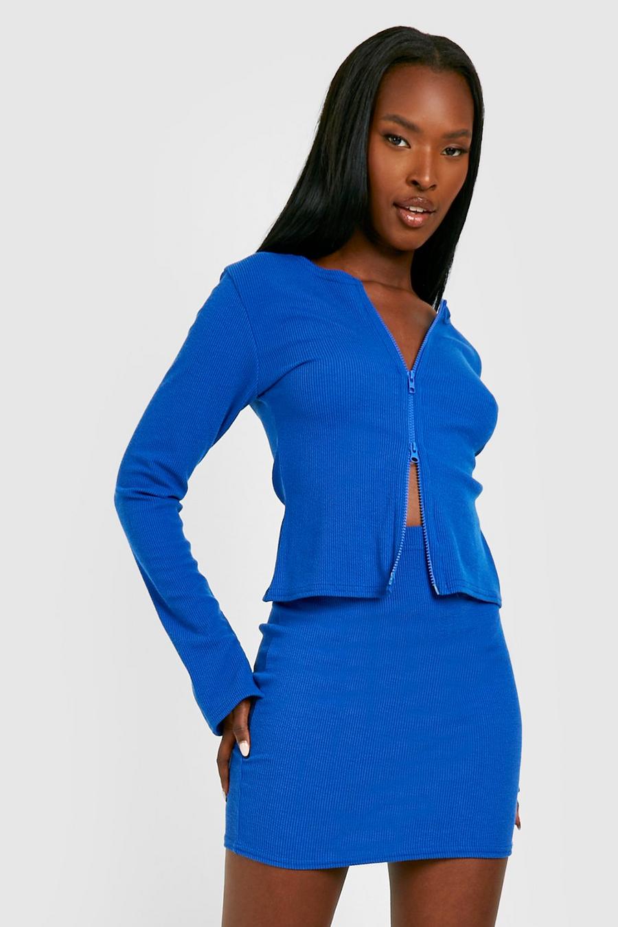 Cobalt blue Ribbed Zip Front Top & Mini Skirt