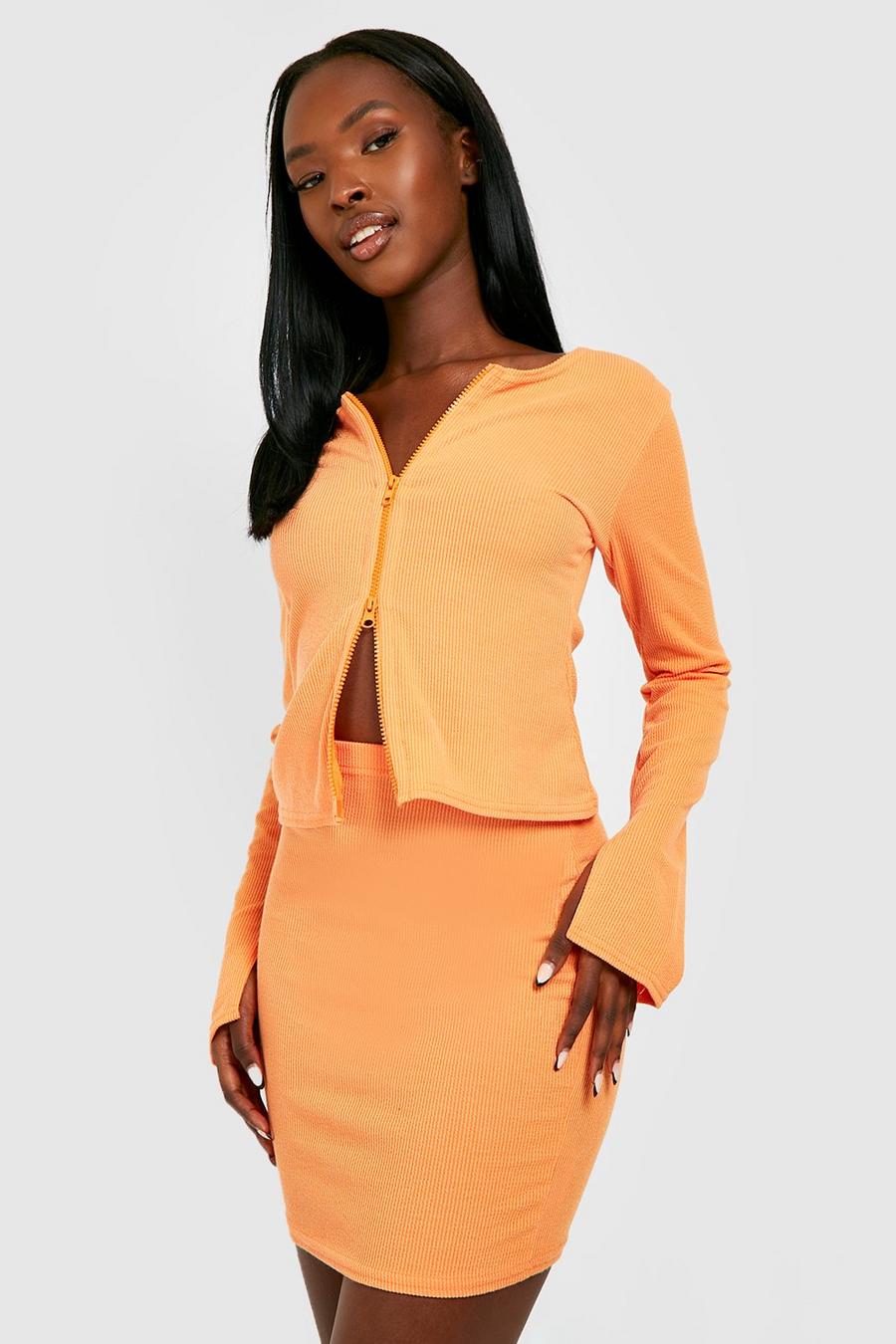 Orange Ribbed Zip Front Top & Mini Skirt image number 1