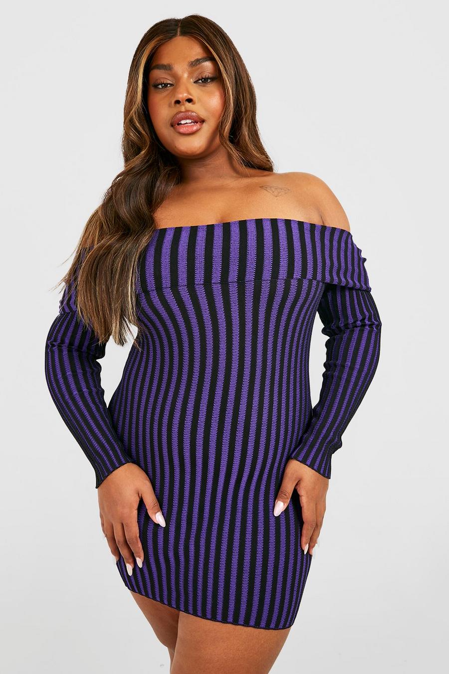 Purple Plus Two-Tone Rib Off The Shoulder Sweater Dress image number 1