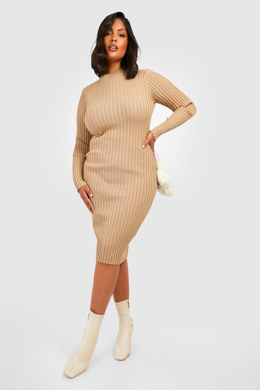 Stone Plus Two Tone Wide Rib Knitted Midi Dress image number 1