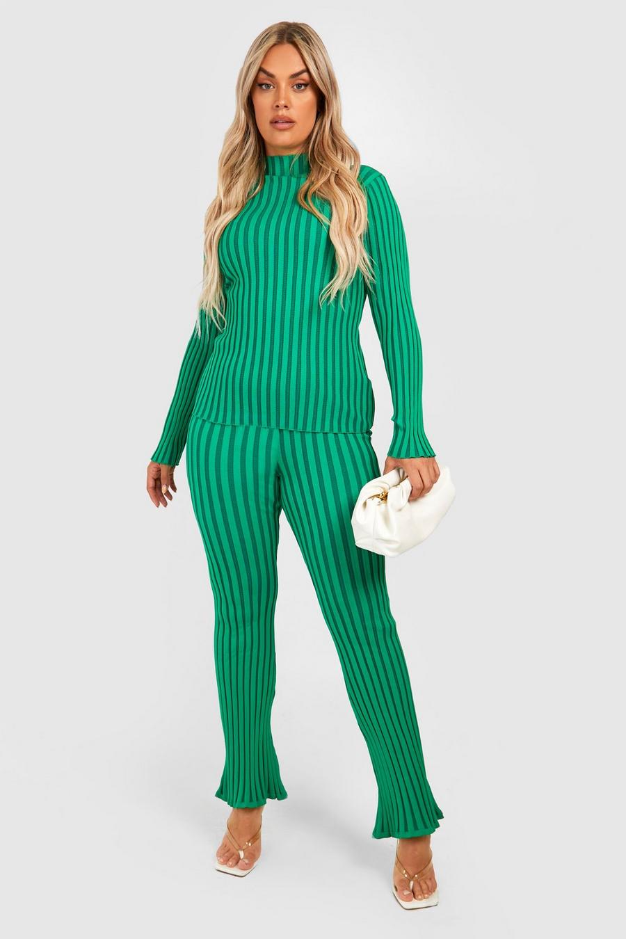 Green Plus Two Tone Wide Rib Flare Co-ord  image number 1
