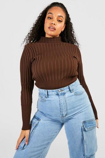 Plus Two Tone Knit High Neck Jumper chocolate